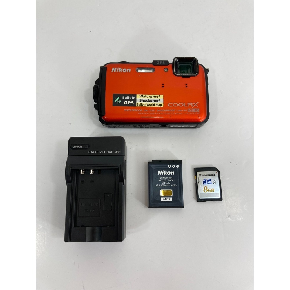 Nikon COOLPIX AW100 16.0MP Waterproof Digital Camera Orange Tested W/ Battery